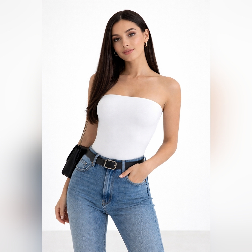 Express Body Contour Strapless Tube Bodysuit White Cotton Spandex Thong Snap Bot